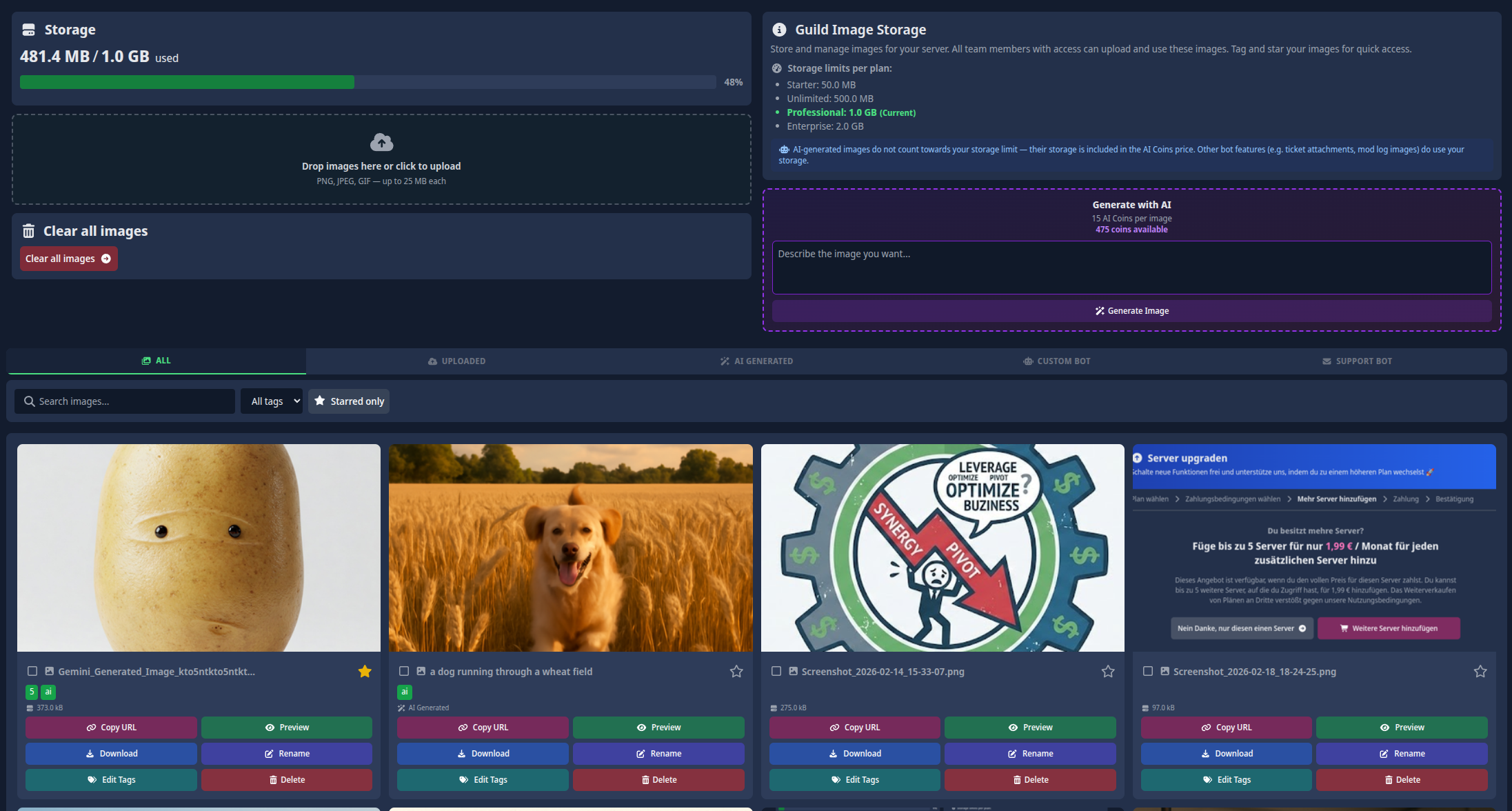 Screenshot of the Guild Image Storage gallery showing uploaded images and the storage progress bar