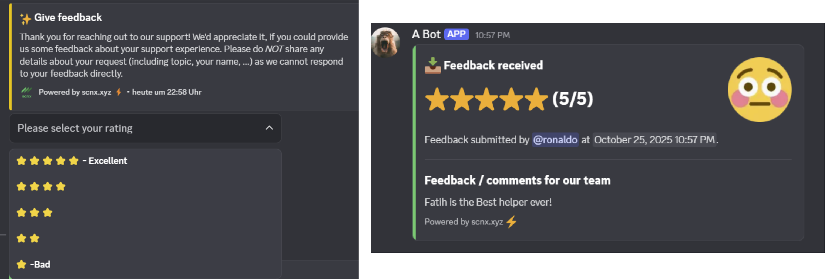A screenshot showing how users can give reviews and how review messages get sent into a staff channel